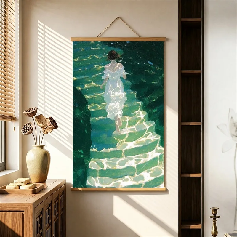 Wall Art Figures Floating through Deep Green Water, Dreamy Surreal Pearlescent Canvas Wall Hanging Scroll for Healing Studio