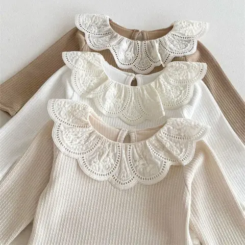 शिशु कपड़े शरद ऋतु शिशु लड़कियों लंबी आस्तीन टी शर्ट फीता कमल कॉलर राजकुमारी बच्चों रिब्ड नीचे शर्ट बच्चा कपास टॉप 10 best sales बच्ची का टॉप - №8