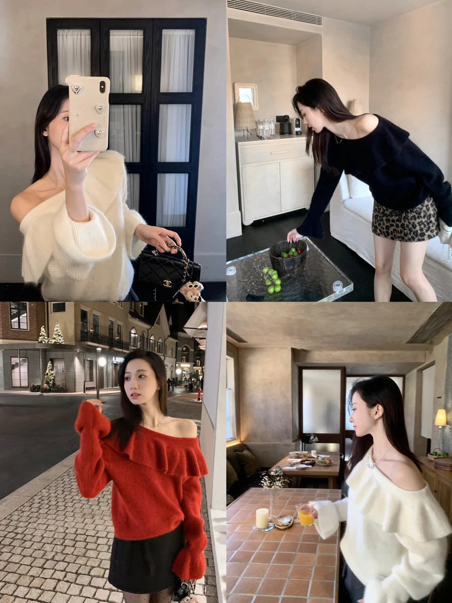 

Ele Rabbit Fur Knitted Sweater Women's Faion oulder Slant Design Autumn Winter New Year Embellied Hemline Top