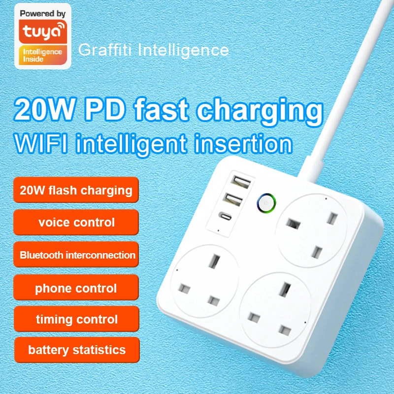 

Wifi Tuya Smart Plug Extension Cord Power Strip UK Plug TypeC PD 20W Fast Charging Timing Remote Voice Control Socket Smart Home