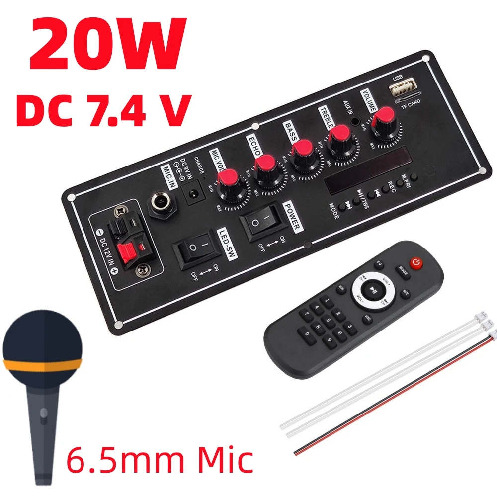 20W Bluetooth Audio Amplifier Board MP3 Subwoofer Microphone Amp USB TF FM Remote Control Car Music Lossless Heavy Bass Sound