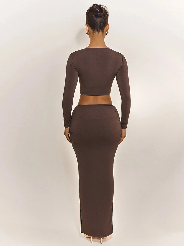 Sisterlinda elegante tendenza senza vita abito diviso donna autunno increspato manica lunga pesca anca classico semplice elasticizzato skinny aderente