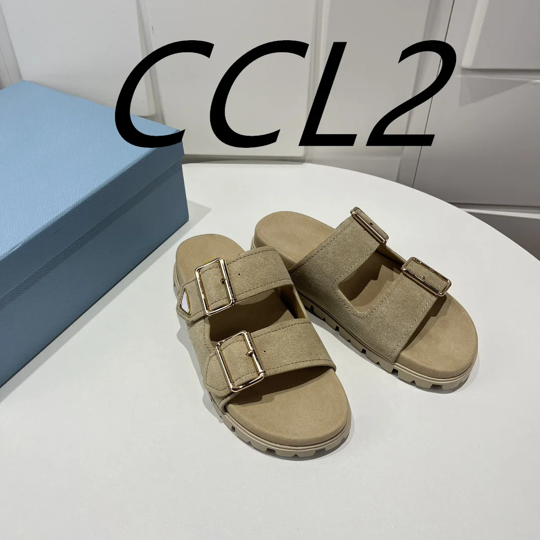 24 years spring and summer new sandals, double row buckle slippers, fashion flat slippers, game meat upper, sheepskin lining