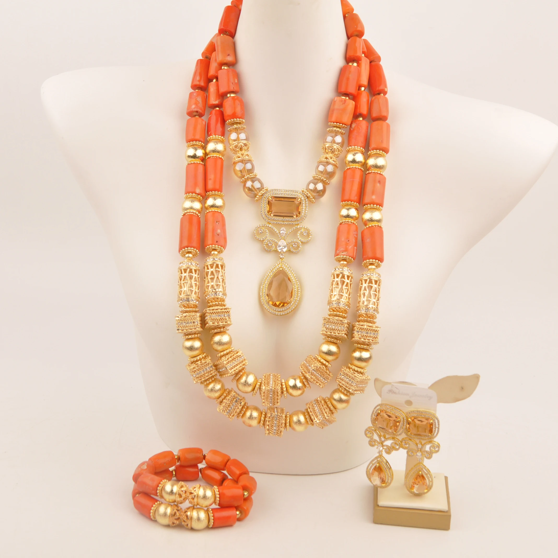 Natural coral African orange Nigerian wedding fashion jewelry necklace