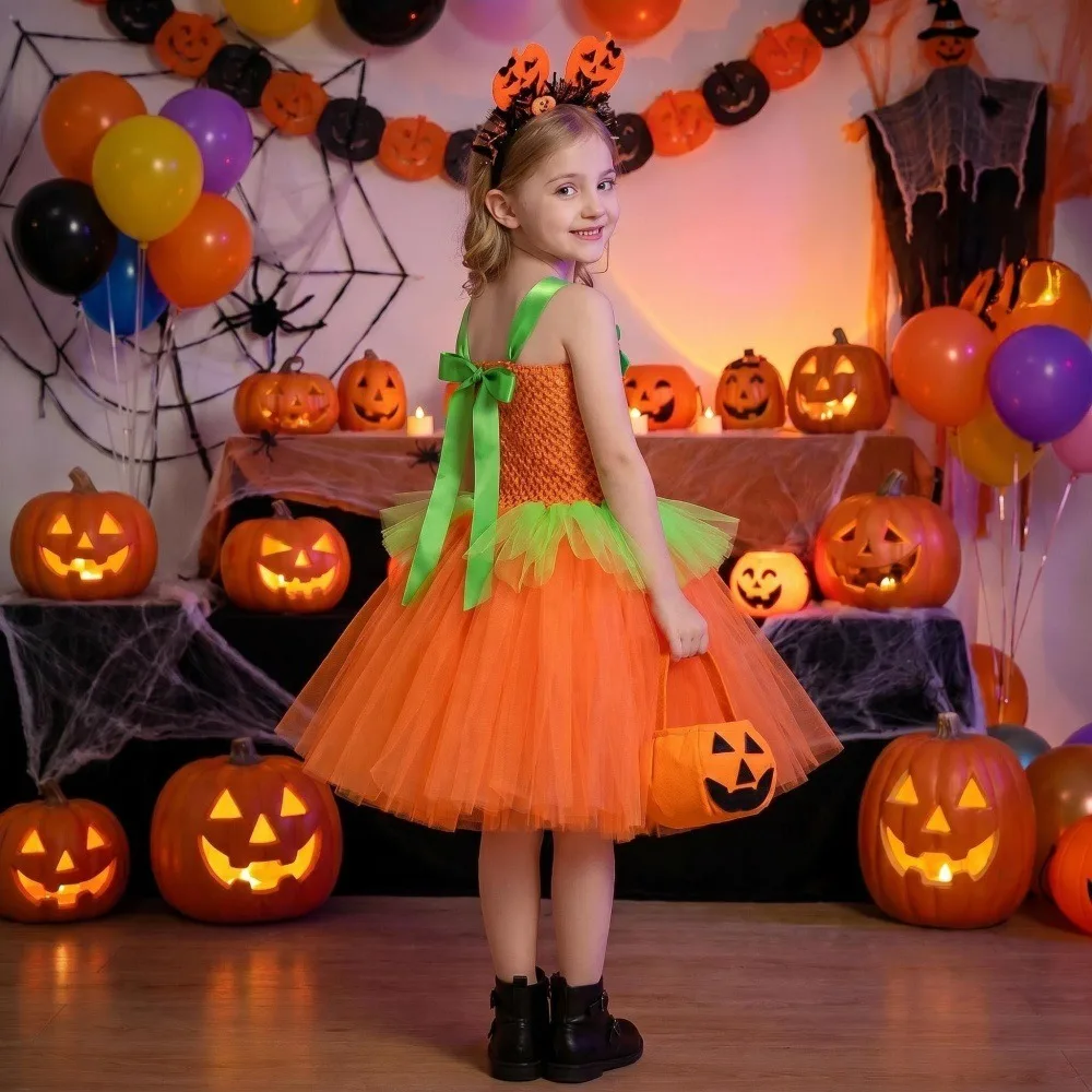 New Arrival Orange Pumpkin Tulle Tutu Dress Halloween Carnival Stage Outfit For Holiday Party Attire Photo Shoot Festive Apparel