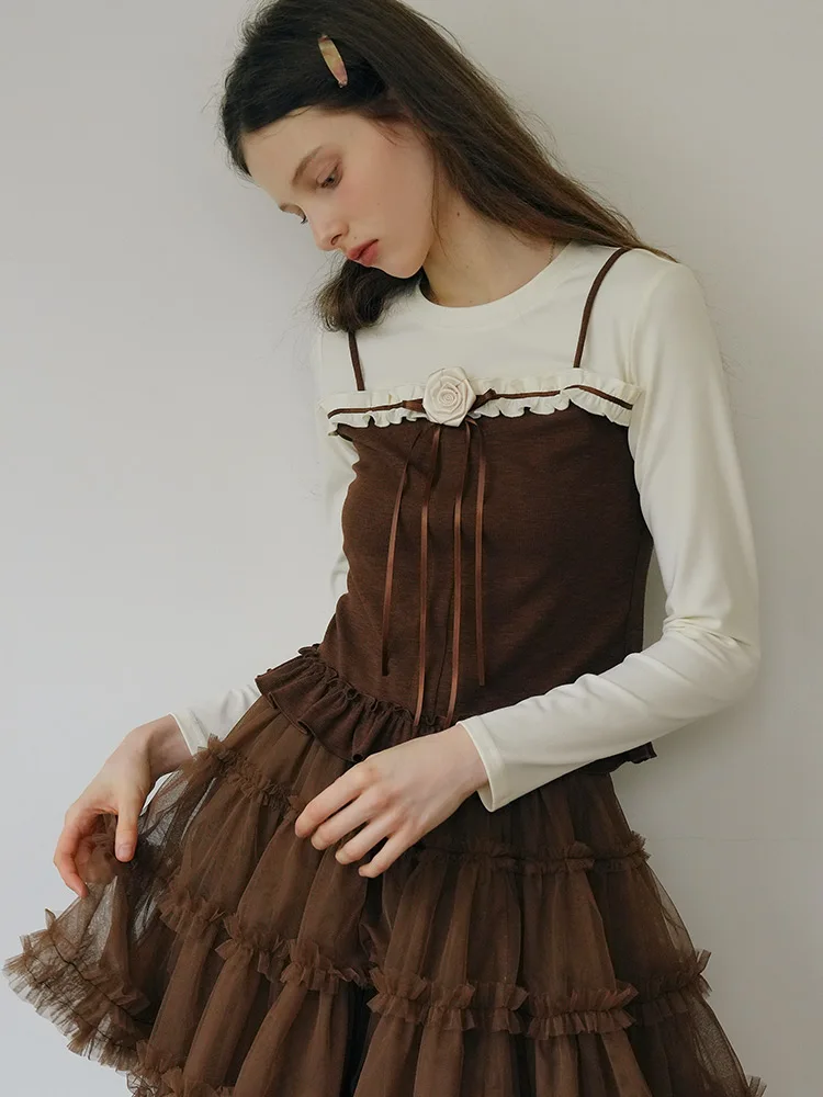 Unique Fake Two-Piece Long Sleeve T-Shirt Autumn Style Women's Fashion Patchwork Bell  Waist Cinched Color Block Top