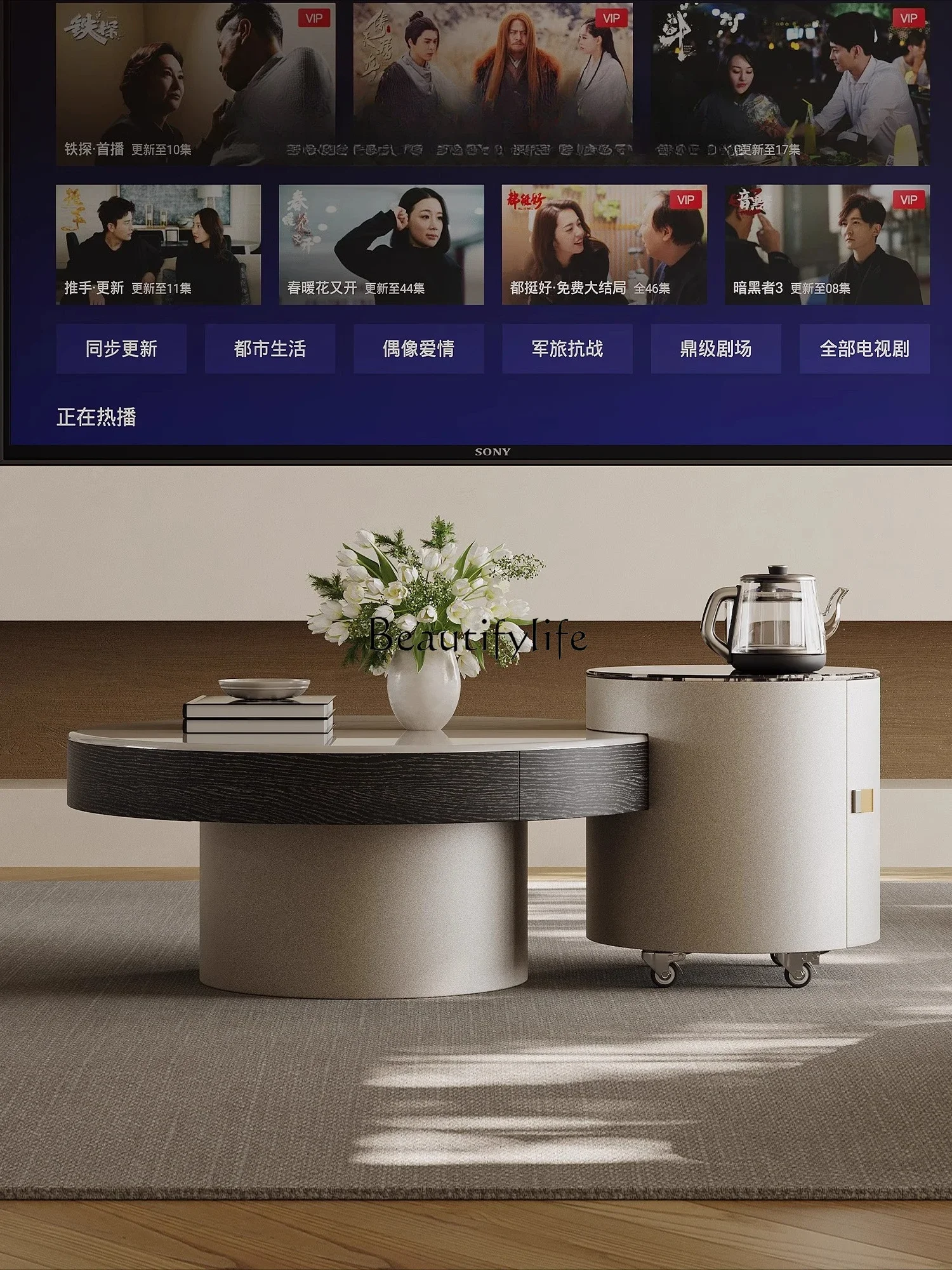 Ljy Italian minimalist marble coffee table combination kettle integrated round movable small tea table tea table living  househo - Image 3