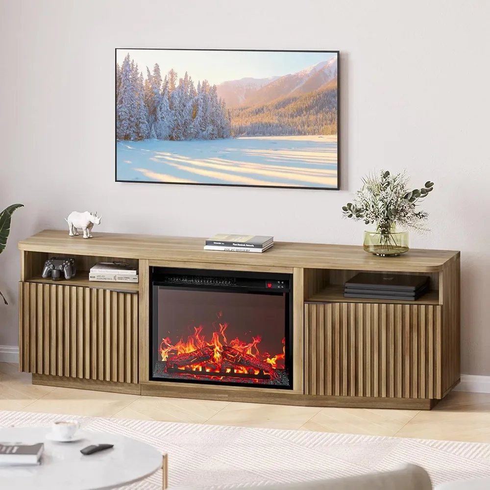 

Fluted TV Stand with 23" Electric Fireplace Heater with Sound, 68" Entertainment Center for TV Up to 75", Media Console