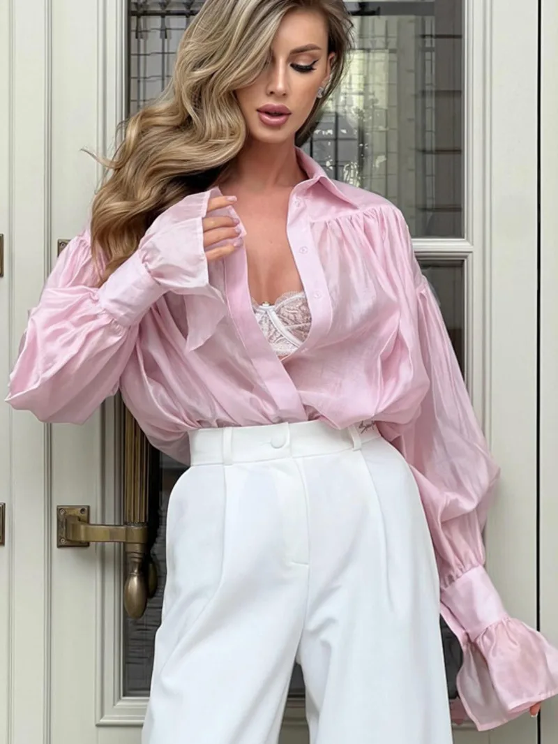 

Casual Loose See-Through Shirts Women's Autumn Lapel Long Sleeve Patchwork Blouse Top Streetwear Female Solid Shirts Top ML98