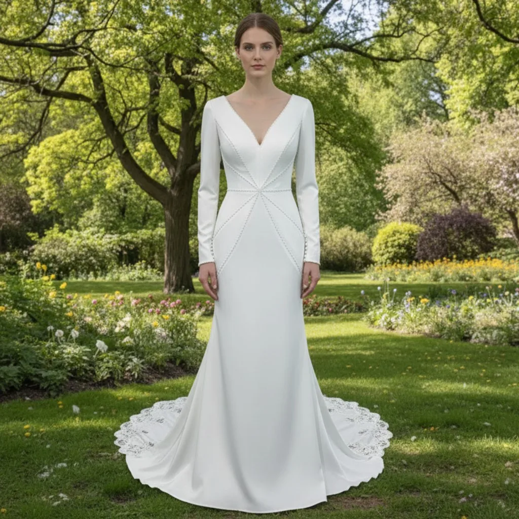 

Elegant Deep V-neck Women's Mermaid Wedding Dress with Long Sleeves Elegant Bridal Gown for Brides vestido de novia boda