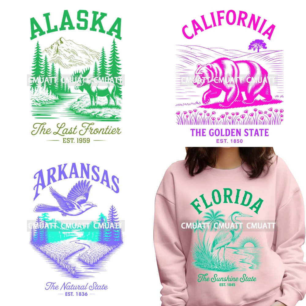 

Colorful USA States City Slogan Global Travel Landmark Lover Iron on DTF Washable Transfers Stickers Ready to Press for Clothing
