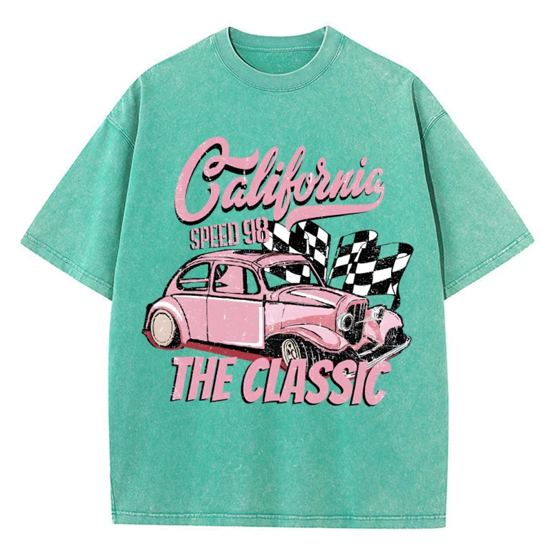 Pink Retro Racing Car Printing Women'S Washed T-Shirts Soft Loose Comfortable Cotton Water Washe Tops Summer Female Clothes