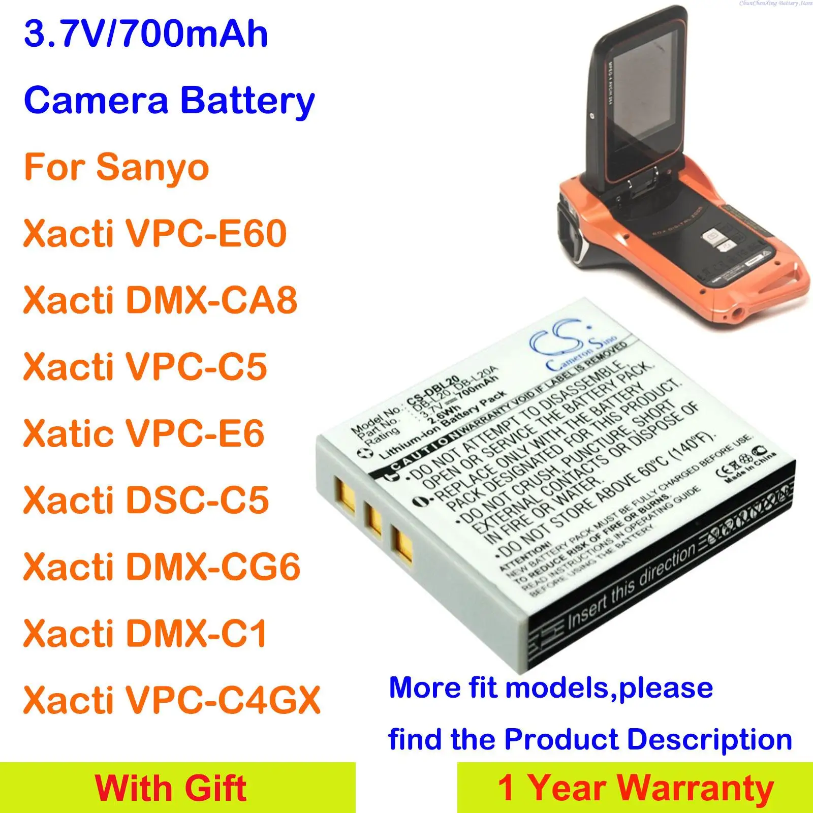 700mAh Camera Battery DB-L20, DB-L20A for Sanyo Xacti E60, C1, C4, C5, C6, CA8, J4,CG65,E6,E7,CG6,CG9,CA8,CA65,CA9