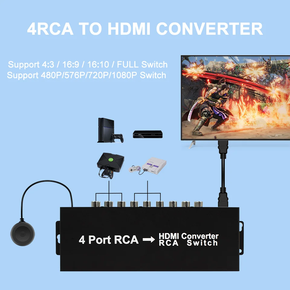 

4 Port AV to HDMI Converter with Scaler Function and Screen Scaling RCA to HDMI Adapter for PS2X、boX、N64、WII、VHS、VCR、STB、DVD