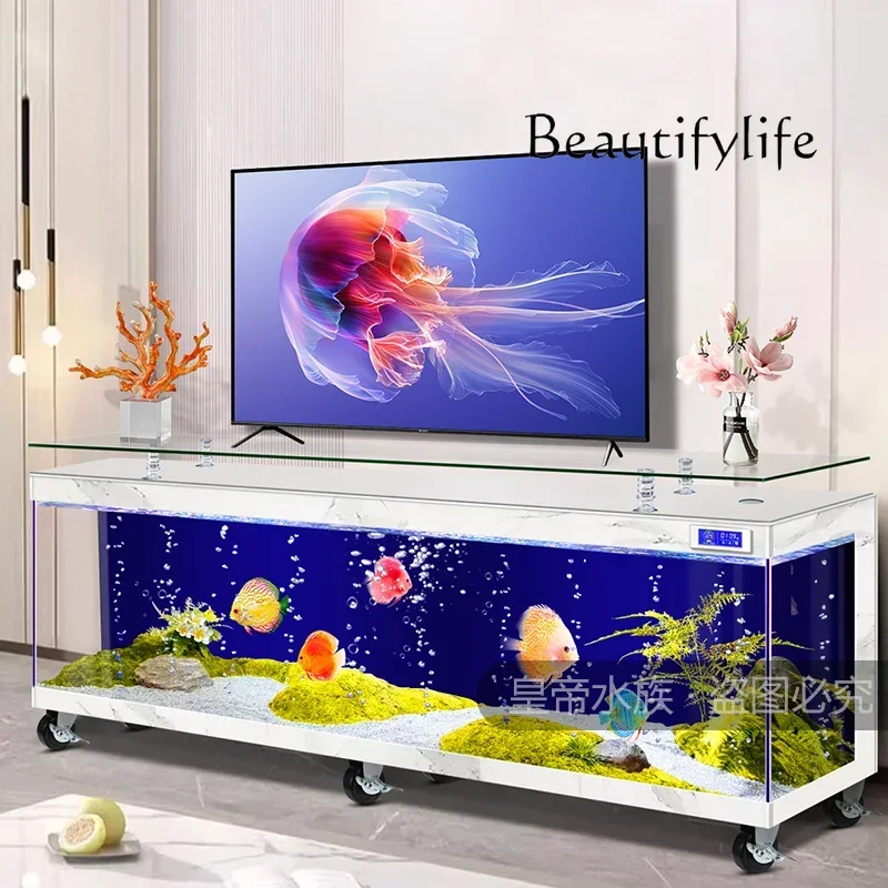 TV Cabinet Fish Tank with Pulley Movable Super White Glass Floor Living Room New Aquarium