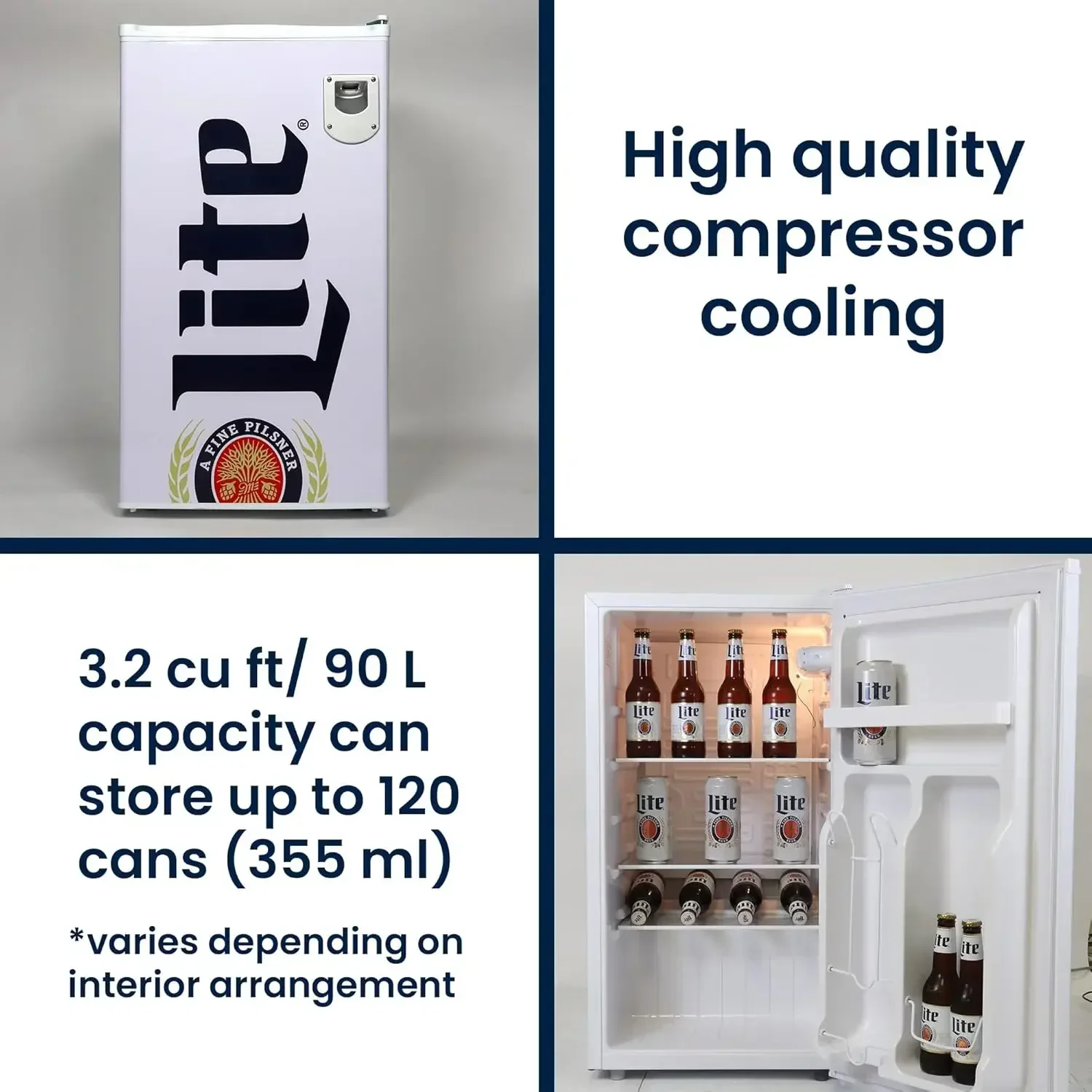 Miller Lite koelkast van 3,2 cu ft (90 liter, witte compacte koelkast, flesopener, ruimtebesparend ontwerp met platte achterkant, omkeerbare deur