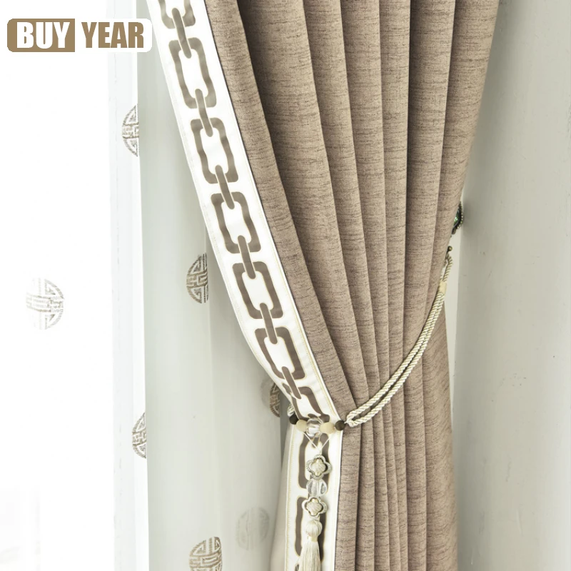 European Style Curtains for Living Dining Room Bedroom Luxury Solid Color Thickened Cotton and Linen Blackout Fabric Custom