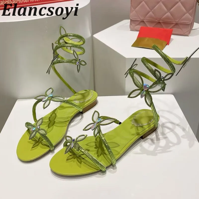 Sandalias Summer Open Toe Flat Sandals Women Rhinestone Bow-knot Ankle Snake Twine Around Wedding Dress Shoes Party Shoes