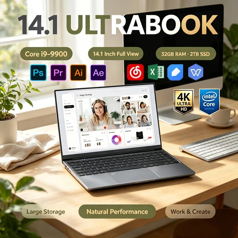 14.1" Ultra Slim Laptop, Intel I9‑9900,16GB DDR4 2TB NVMe SSD,Win11,4K WiFi6 BT5.2 for Gaming,Office,Graphic Design & Creation