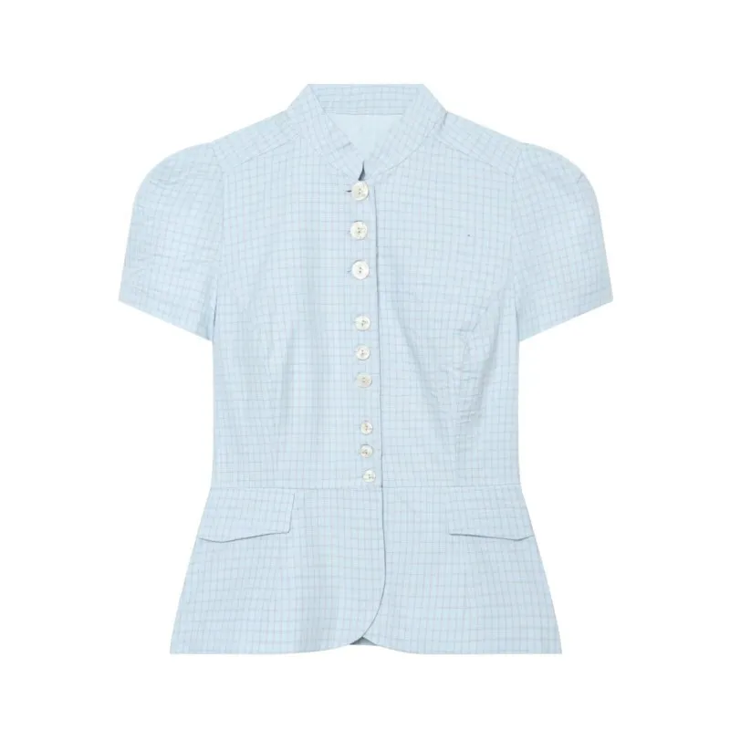 Women's Check Peplum Top New 2026 Autumn Simple High-Neck Short Sleeve Pocket Woman Shirts & Blouses Chic Female Tops