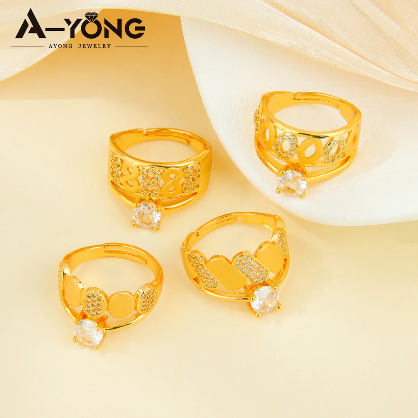 Dubai Mode Kubische Zirkonia Ringe 21k Vergoldet Arabische Braut Hochzeit Luxuriöse Paarringe Nigeria Damen Party Schmuck – Detail 2