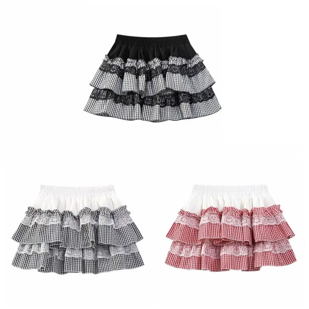 Lolita dentelle grille gâteau jupe taille haute Plaid rayure JK a-ligne jupe courte douce avec pantalon de sécurité dentelle plissée Mini jupes dame