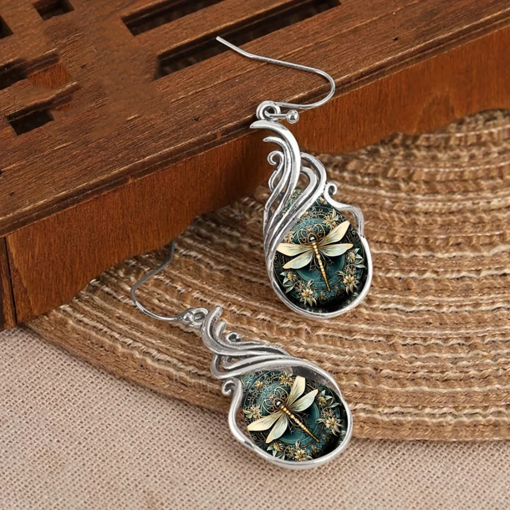 Women's Elegant Boho Green Stone Dragonfly Hoop Earrings