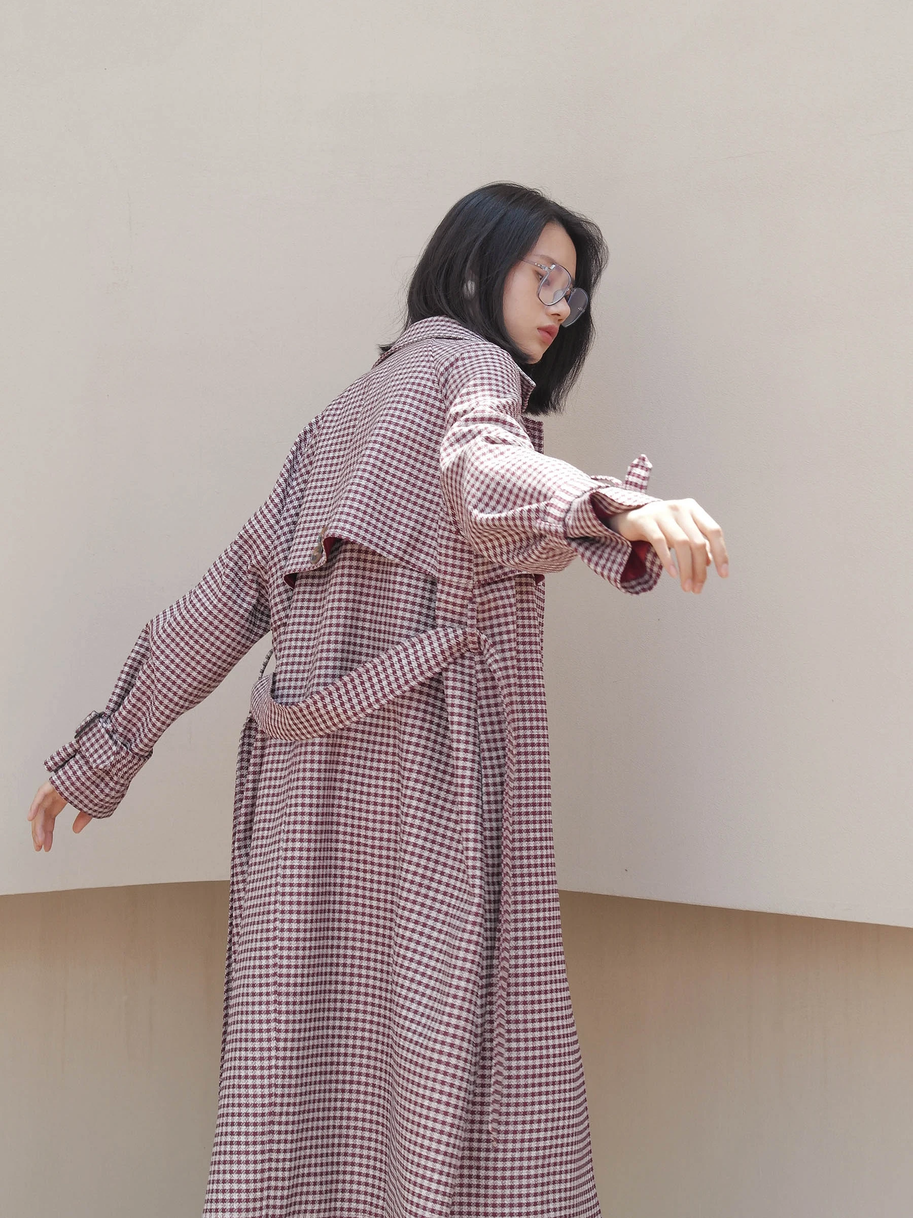 

Винтажное пальто TINNTINN в клетку с поясом, свободного кроя, до колен, элегантное, с отложным воротником, ветровка, верхняя одежда