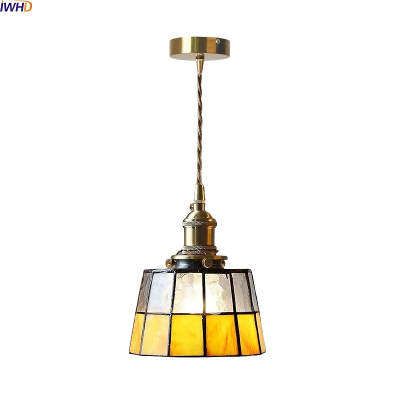 

IWHD Yellow Clear Glass LED Pendant Light Living Room Bedside Luxury Antique Gold Brass Modern Nordic Pendant Lamp Pendelleuchte