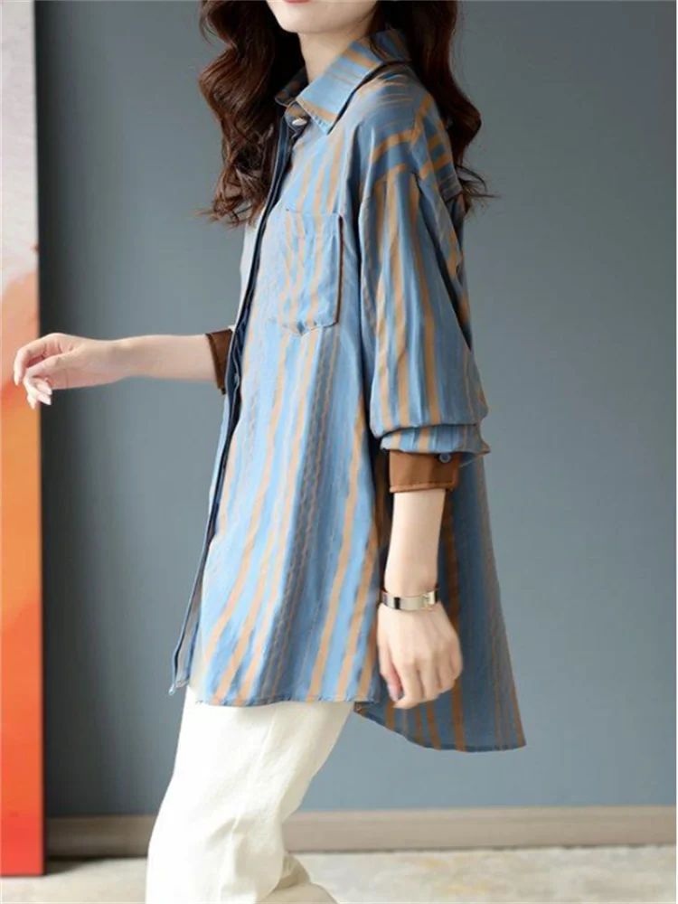 Loose Striped Blouse Cotton Shirt Women Shirts POLO Collar Cardigan Pocket Shirt Outer Tops Spring Autumn Woman Clothes Blous
