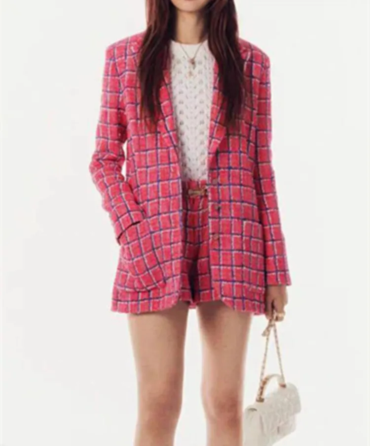 Europe and the United States women\'s 2024 summer new Long sleeve suit collar Single breasted pink plaid fashion The tweed jacket