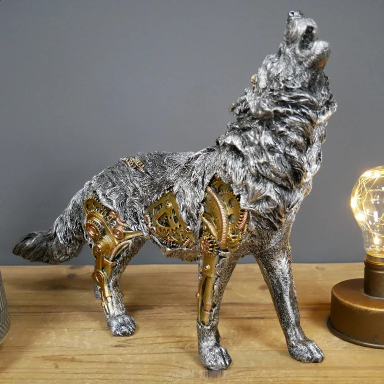 Ornament Steampunk Resin Crafts for Gifts Home Decorations Steam Punk Decor Garden Resin Animal Wolf Statue