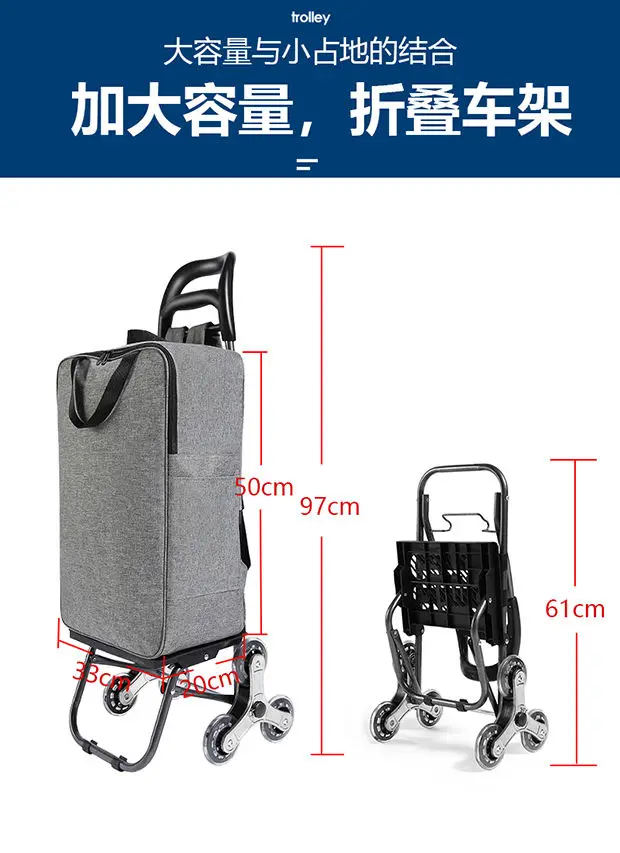 Folding Shopping Cart with Storage Bag Backpack Portable Stair Climbing Durable Steel Frame Trolley for Travel Picnic Luggage