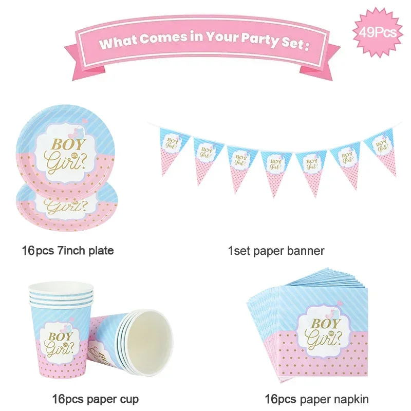 49Pcs Boy Or Girl Gender Reveal Disposable Tableware Set Paper Plate Cup Napkin Banner Baby Gender Reveal Party Decor Supplies L