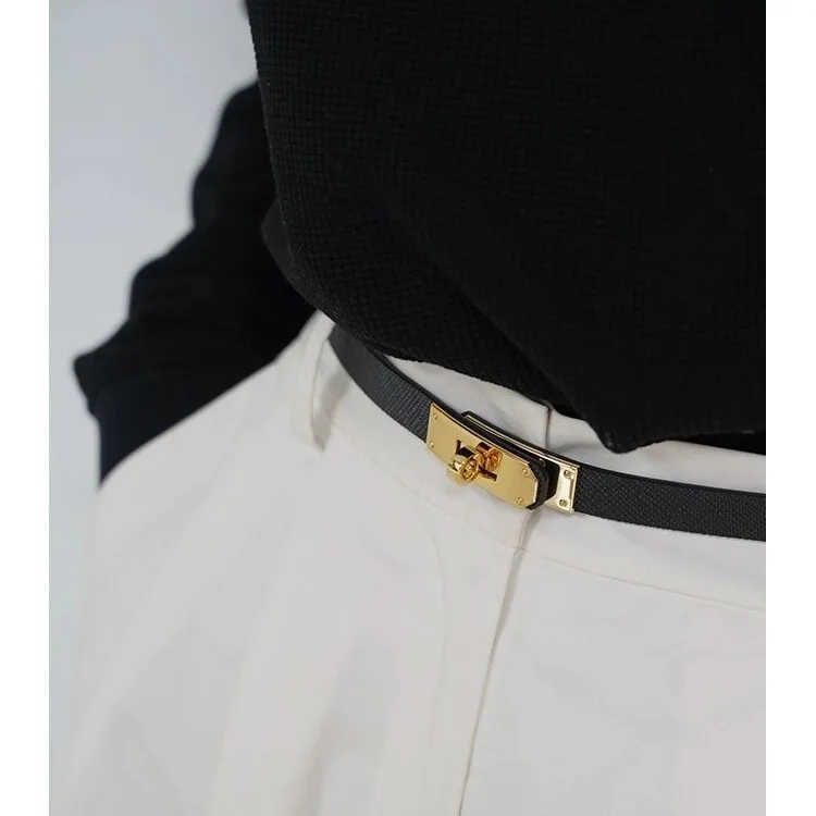 Leather buckle adjustable thin waistband for women, versatile with suit jacket, fashionable waist cinching small belt