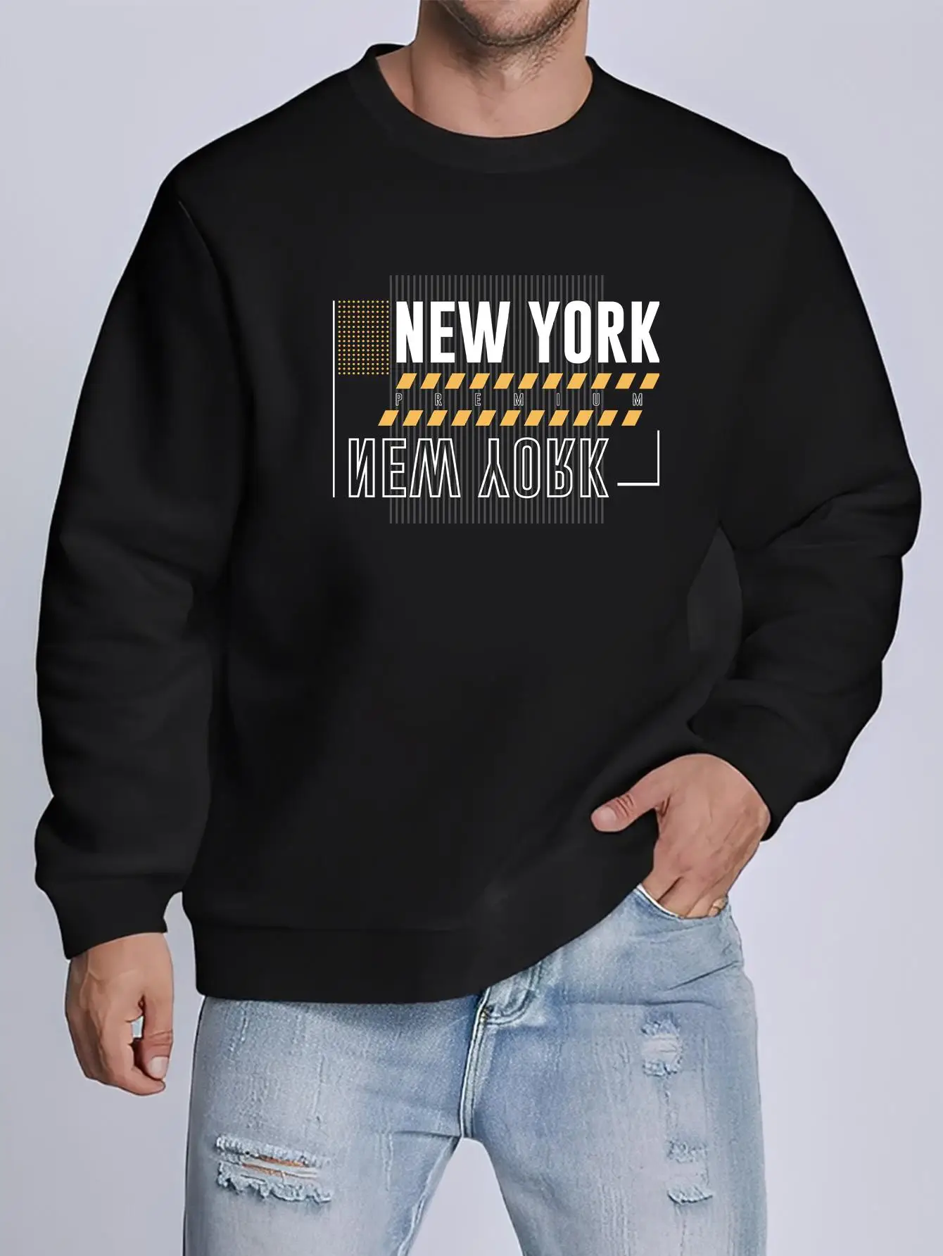 

Men's New York Pattern Sweater - Black with NEW YORK Letters, Casual Crew Neck Pullover, Long