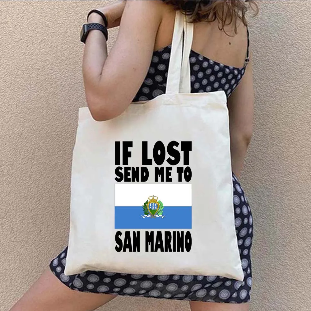 Europe San Marino Map Shield Flag Love Heart Summer Beach Travel City Shopper Harajuku Canvas Tote Bag Cotton Eco Shopping Handb