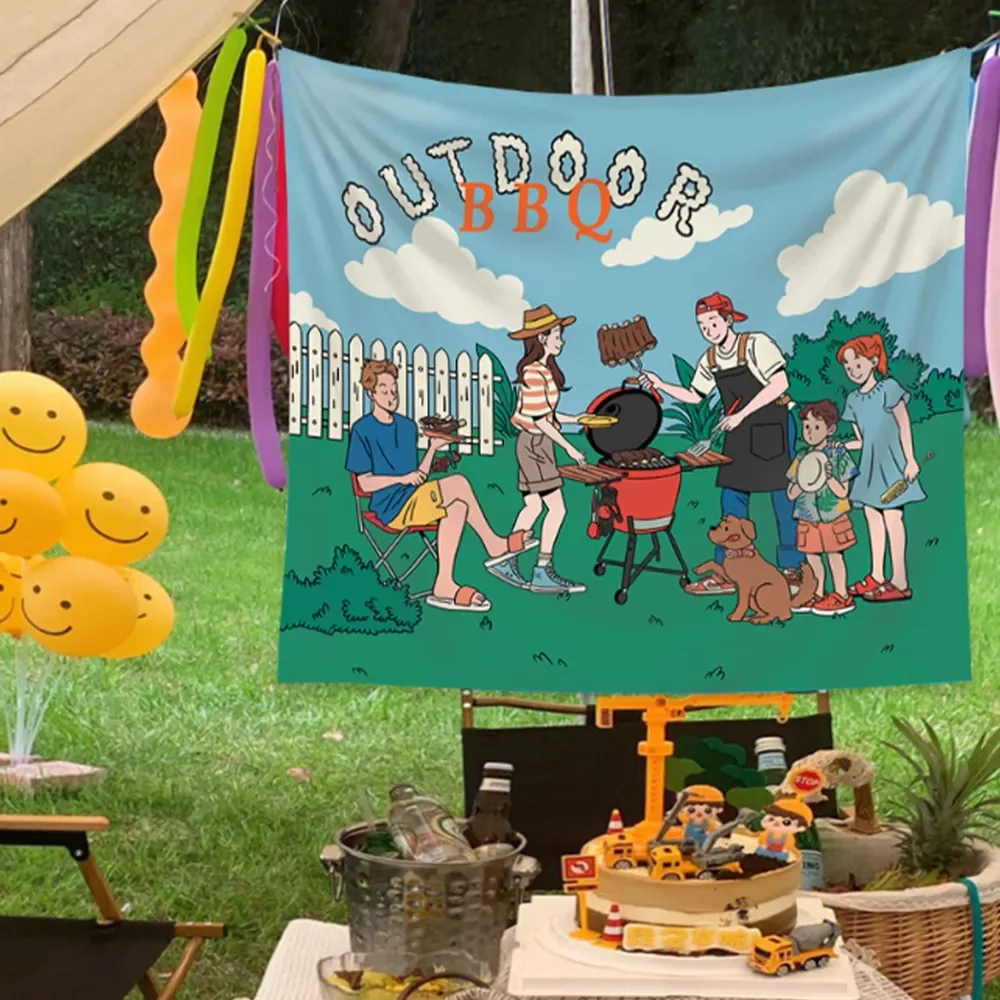 Outdoor BBQ Family Gathering Tapestry, Cartoon Camping Scene Wall Hanging, Fun Backyard Party Decor for Patio Garden Background