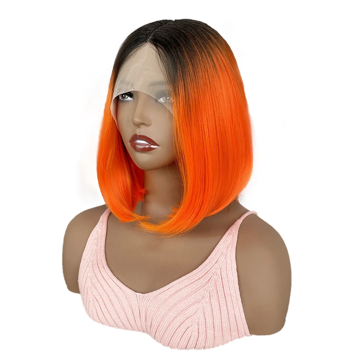 

BCHR Lace Front Wig Short Orange Straight Bob Wigs for Women Middle Part Lolita Cosplay Synthetic Wigs