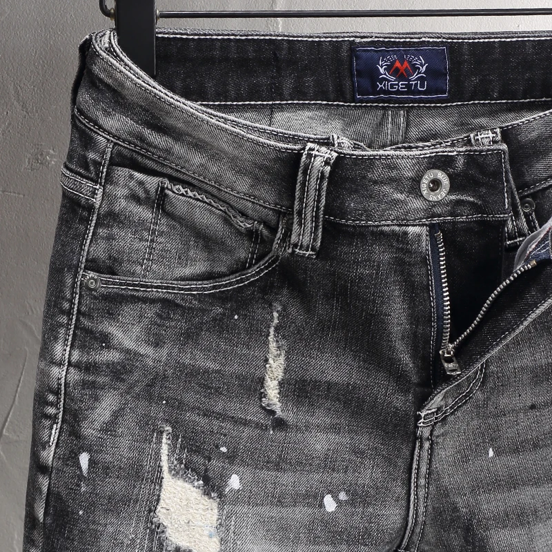 Designer Fashion Men Jeans High Quality Retro Black Gray Stretch Patched Ripped Jeans Men Y2K Painted Vintage Denim Pants Hombre