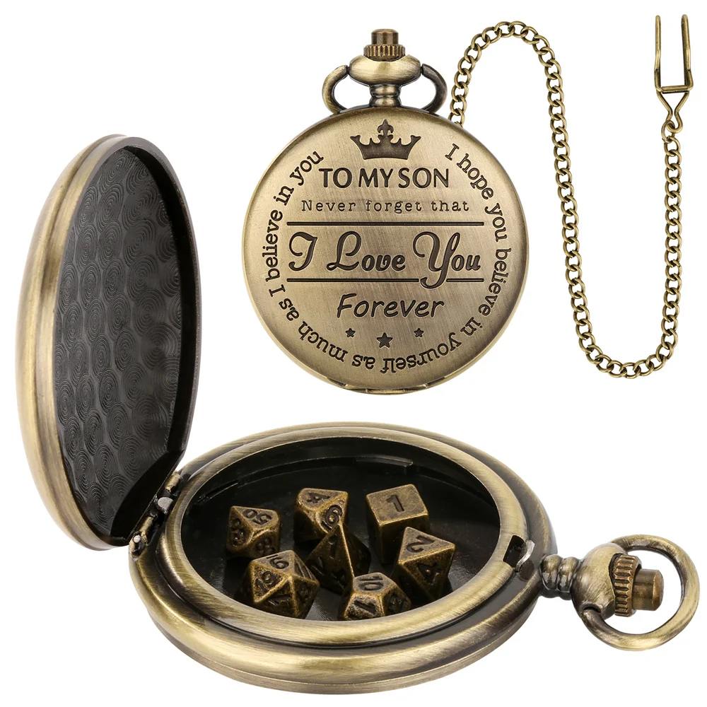 To My Son Bronze Pocket Watch Case with Mini Entertainment Dices Pocket Chain Set Birthday Gifts