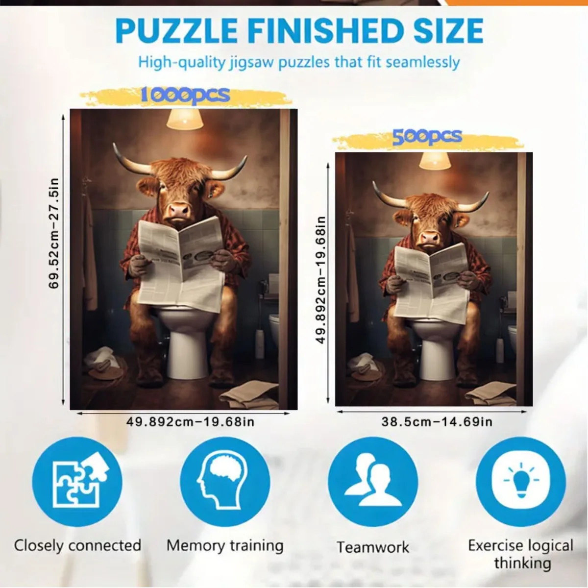 500/1000pcs Adult Jigsaw Puzzle - Challenging 1000pcs (or 500) Large Bull Reading on Toilet Scottish Highland Cow Scene, Durab