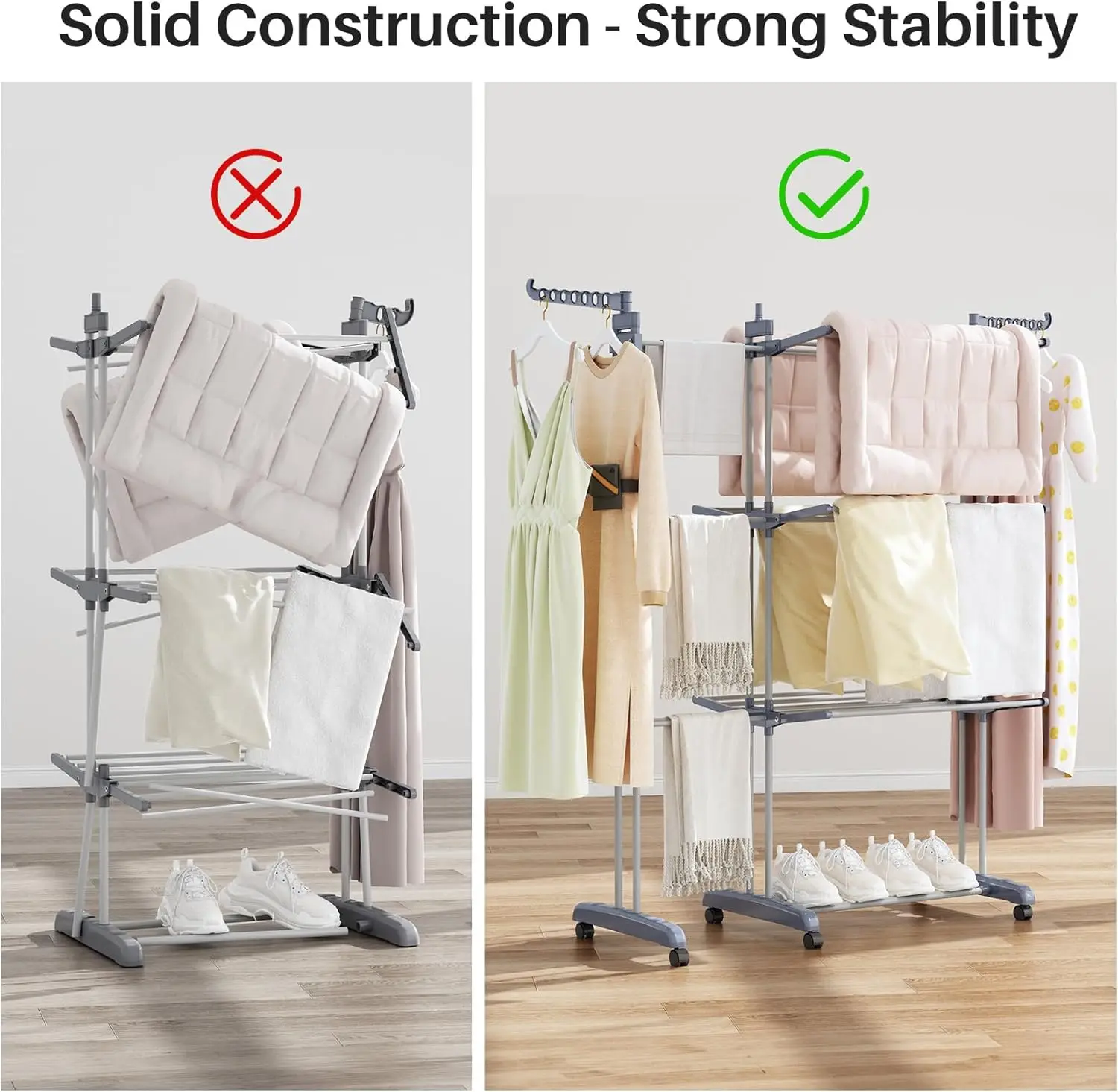 Foldable Drying Rack Clothing 30.0"W to 59.0"W Extensible Laundry Racks for Drying Clothes Oversized 4-Tier Stainless Steel