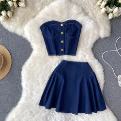 Amolapha Women Sexy Sleeveless Strapless Denim Tops + High Waist Pleated Mini Skirt 2pcs Clothing Sets
