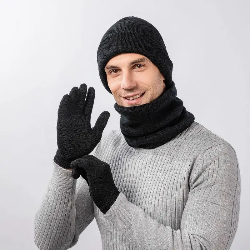 Set sciarpa e guanti per cappello addensato caldo invernale Set da uomo con fodera in pile termico Slouchy Beanie Neck Sciarpe Guanti 3 in 1 Set caldo