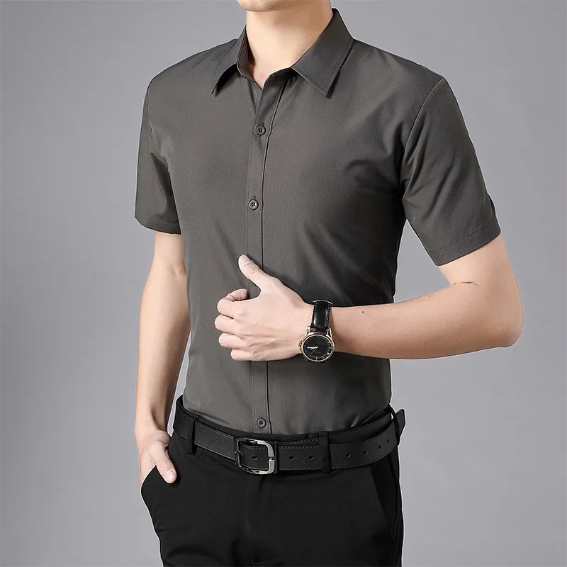 Camisa Slim Fit de manga curta masculina, vestido de negócios, cor sólida, manga comprida, branco, preto, branco, novo, verão, C52, Polegada