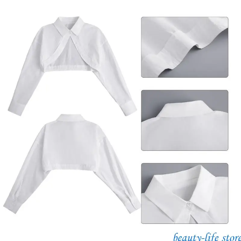

Women Cropped Half Shirt Long Sleeve Button Up False Collar Shrug Cardigan 517D