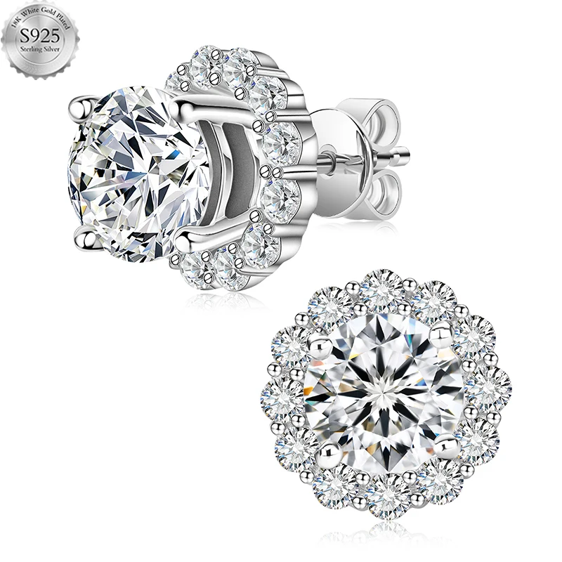 

925 Sterling Silver 1 Carat Moissanite Round Earrings Engagement Wedding Daily Work Party Travel Luxurious Gift For Women