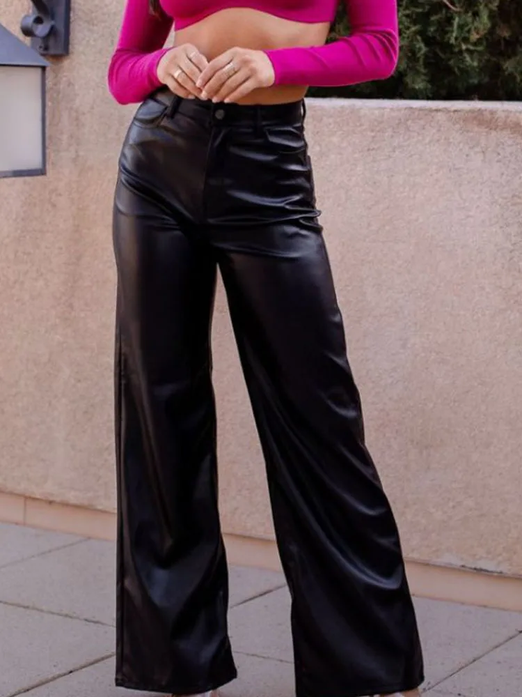 المرأة عارضة الصلبة اللون عالية الخصر بو السراويل واسعة الساق عالية الخصر السراويل خمر #5