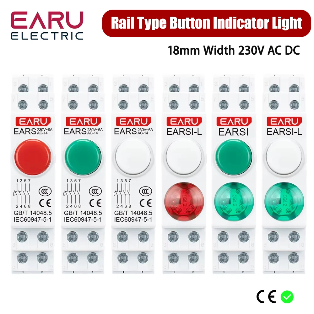 18MM Din Rail Mount LED Signal Lamp Button Switch Series AC/DC 220V Indicating Indication Pilot Lights Green Momentary Latching